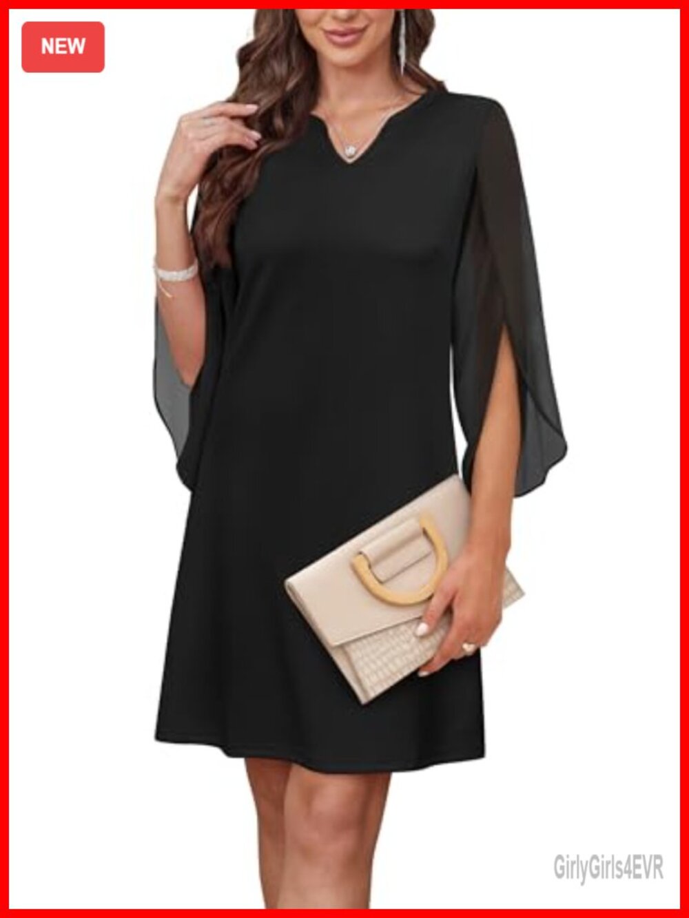 Chiffon 3/4 Sleeve V-Neck A-Line Cocktail Midi Dress Wedding Guest